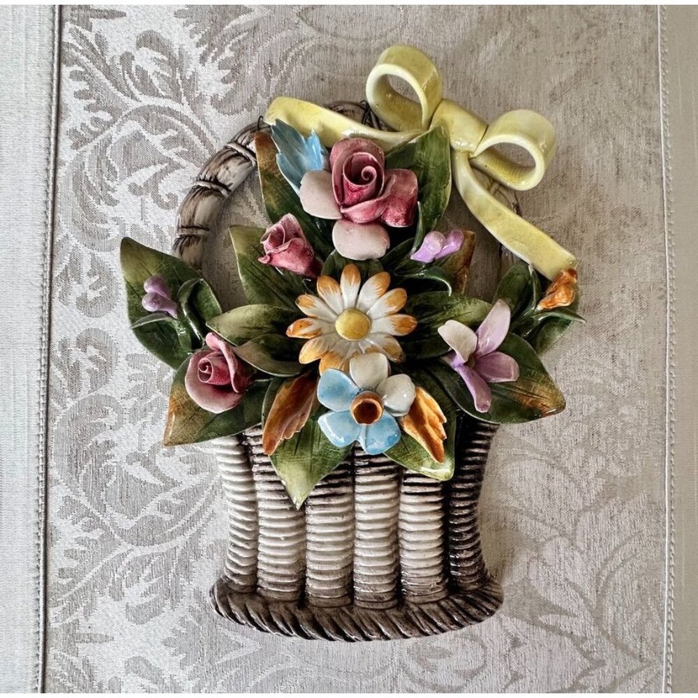 Vtg P. Pikkel Interiors Capademonte Flower Basket Wall Hanging Art Plaque